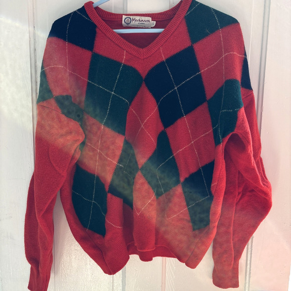 Vintage Mackinnon of Scotland Wool Sweater Mens L Red Arqyle Preppy Old Money - Picture 1 of 7